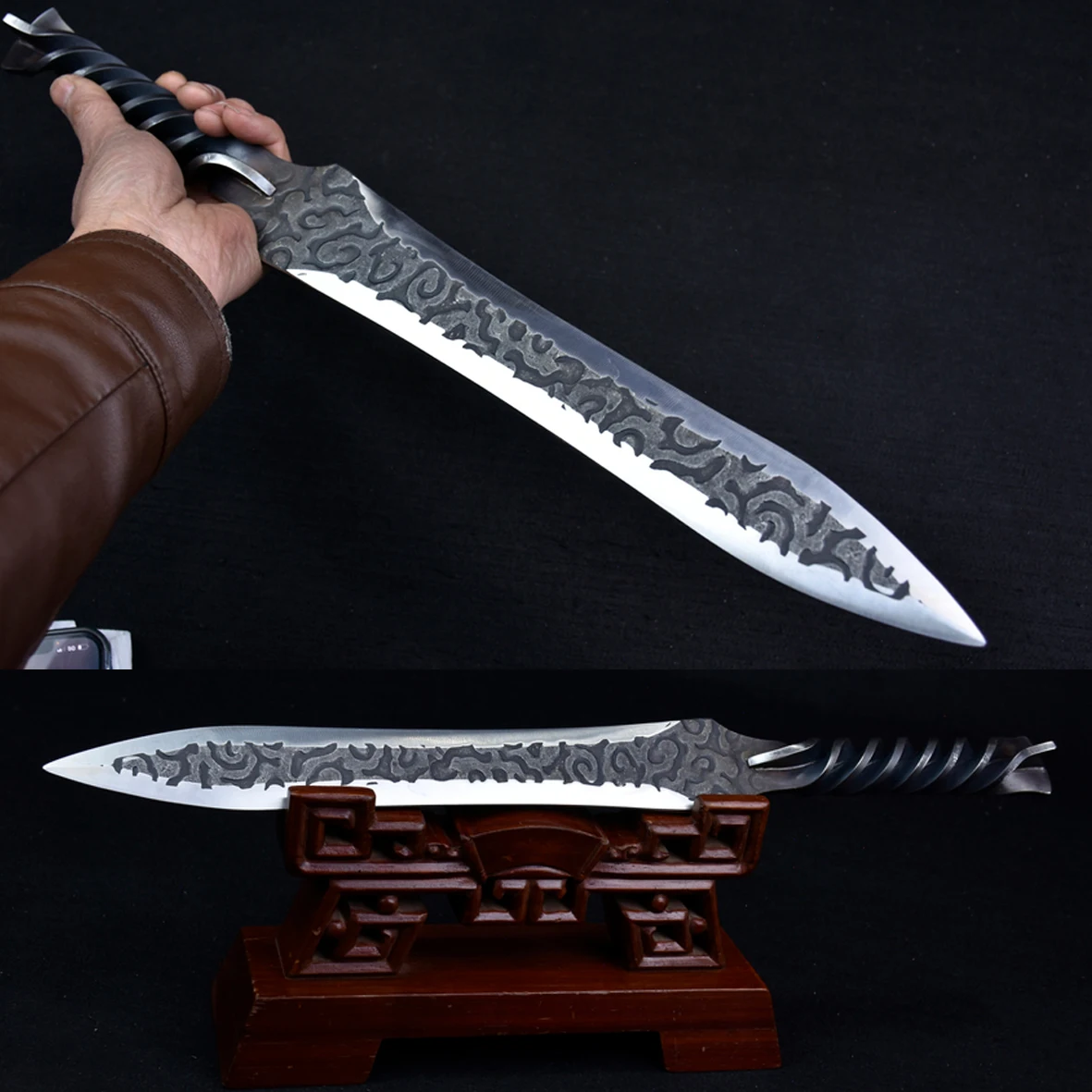 Espada corta vikinga nórdica Medieval de 47cm, espada de guerrero, giro completo, patrón de nube afilada, armas katana de acero inoxidable, batalla de caballero