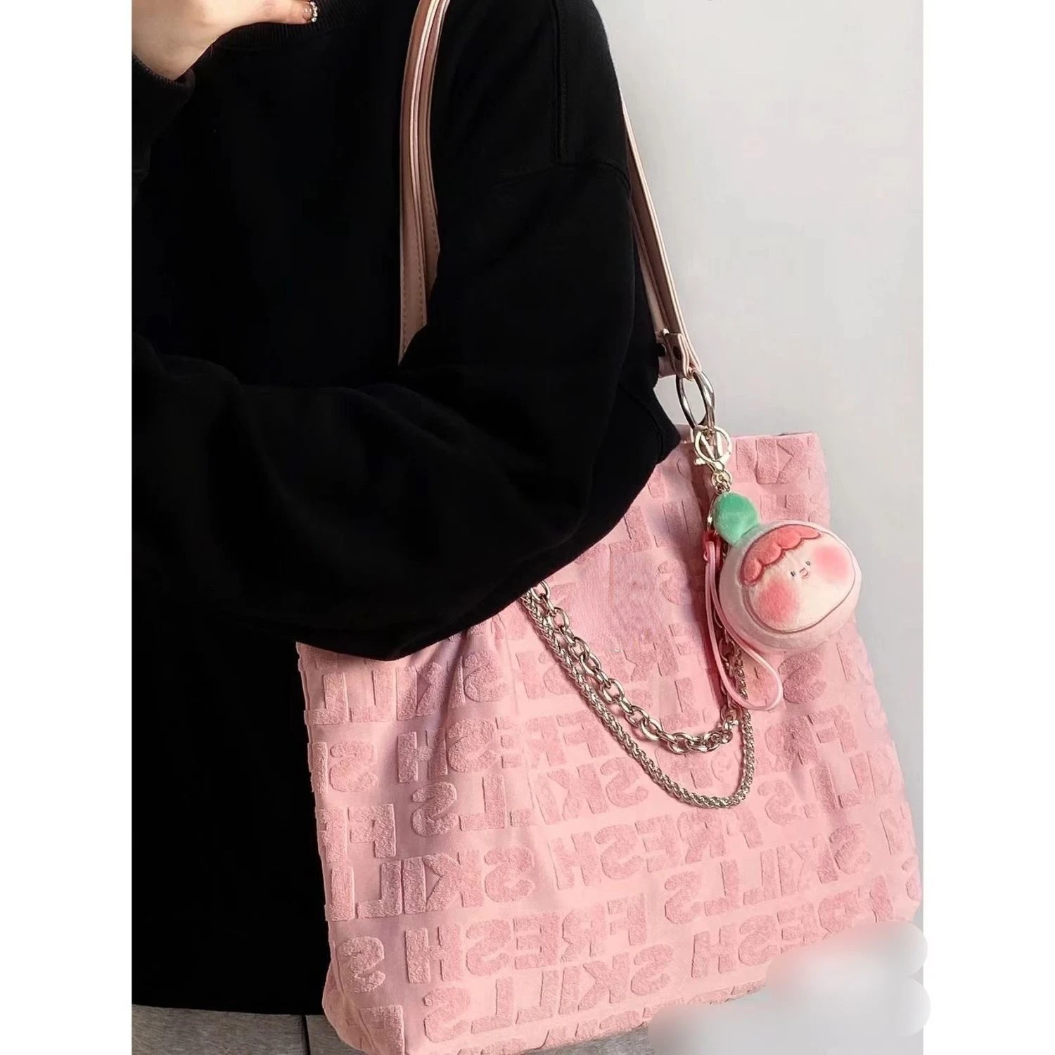 Casual Canvas Women Large Capacity Tote Bags Pink Lovely Heart Female Shoulder Bag Girls Ladies Chain Handbags Purse