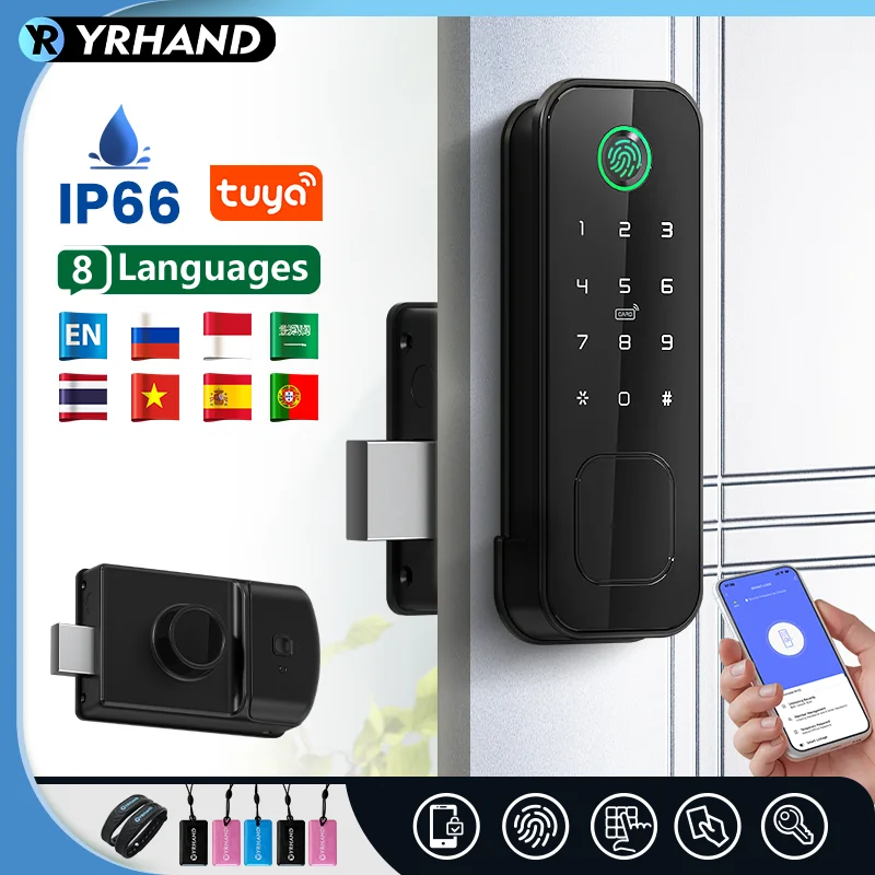 YRHAND Tuya wifi 8 language Fingerprint IP66 Waterproof Outdoor Gate Passcode Rfid Card Keyless Smart Rim Lock﻿ ﻿For home