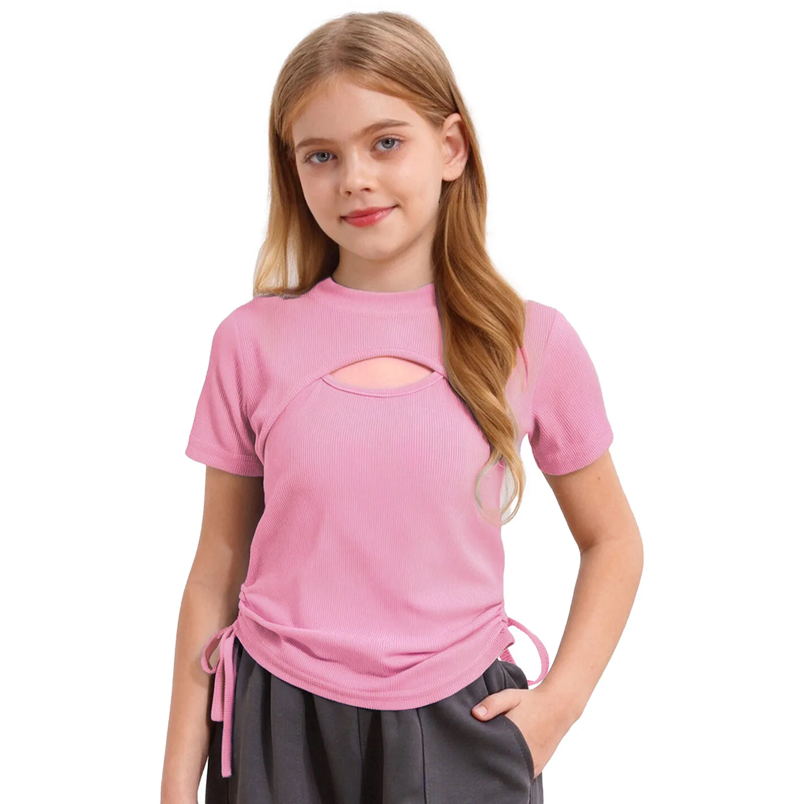

Summer Fashion T-Shirt for Girls Drawstring Cutout Tshirt Short Sleeve Ribbed Tee Top Picnic Party Casual Clothes