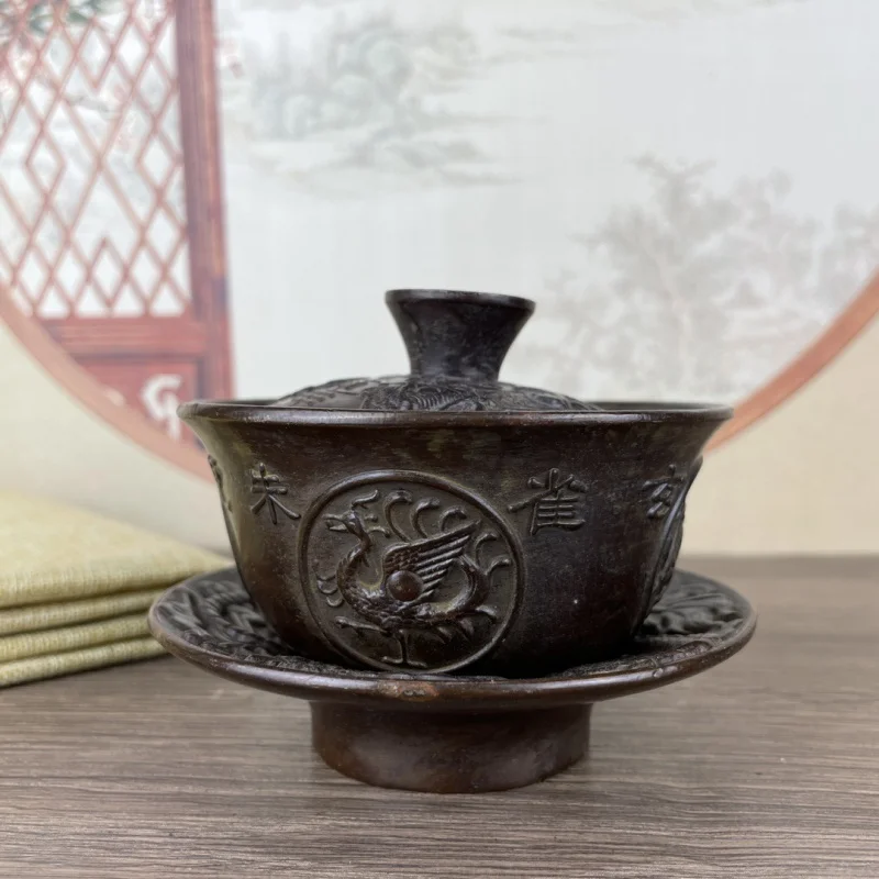 Antique Copper Dragon and Phoenix Chengxiang Cover Bowl Antique Collection Copper Decoration Living Room Tea Table Tea Set Tea B