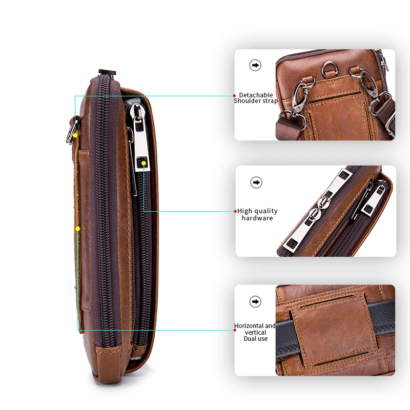 Genuine leather men\'s waist bag, cowhide multifunctional phone bag, can be worn with a belt hook