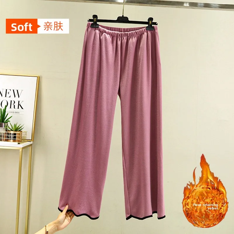 プラスサイズの女性の秋冬の厚いフリース裏地付きワイドレッグパンツゆったりとした快適なハイウエストカジュアルパンツ