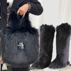 Luxury Fur Slippers In Winter High Knee-high Snow Boots Imitation Fox Fur Women's Boots Warm Women's Shoes Fashion Fur Bag Set