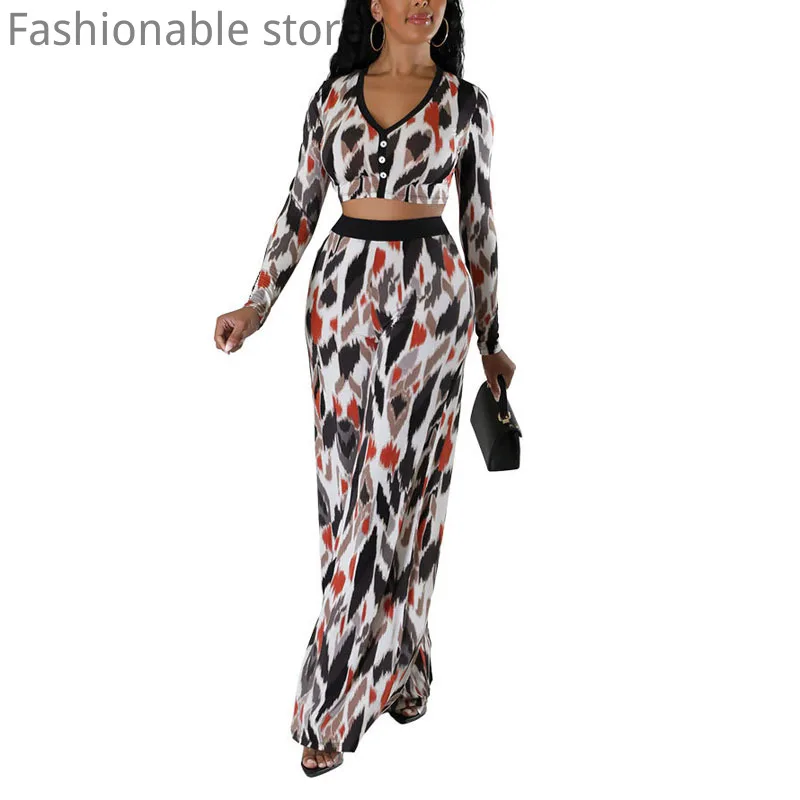 Women Casual Print V Neck Long Sleeve Button Front Top and High Waist Wide Leg Pants 2pcs Set