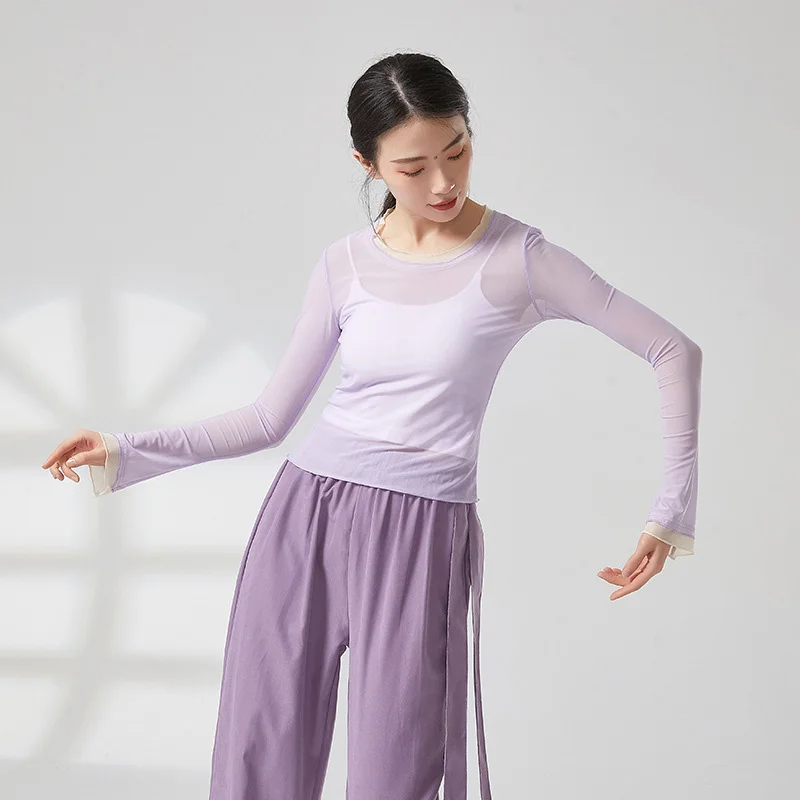 Modern Dance Top Women Gauze Mesh Long Sleeve Stretchy Sheer Shirt Spliced Color Neckline Outfit Yoga Classical Practice Clothes