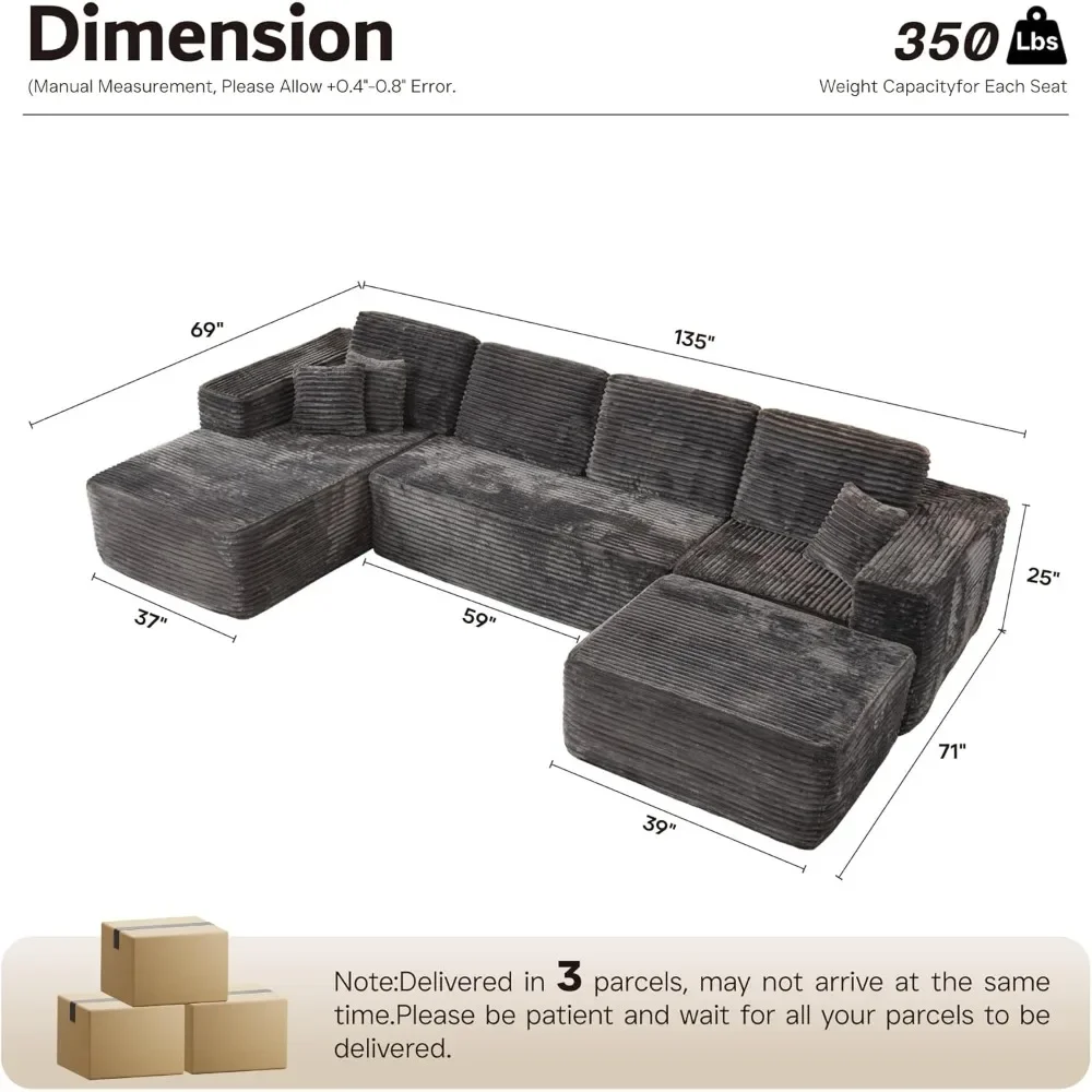 

Living Room Cloud Sofa, Modular Floor Standing Sofa with Plush Corduroy and Fluffy Memory Foam, Oversized U Shape Sofa