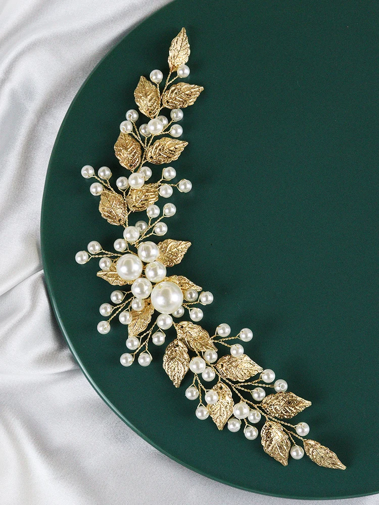 Golden Leaf Pearls Headband Handmade Bride Headdress Vintage 90s Elegant Women Headpieces for Party Wedding Hair Accessories