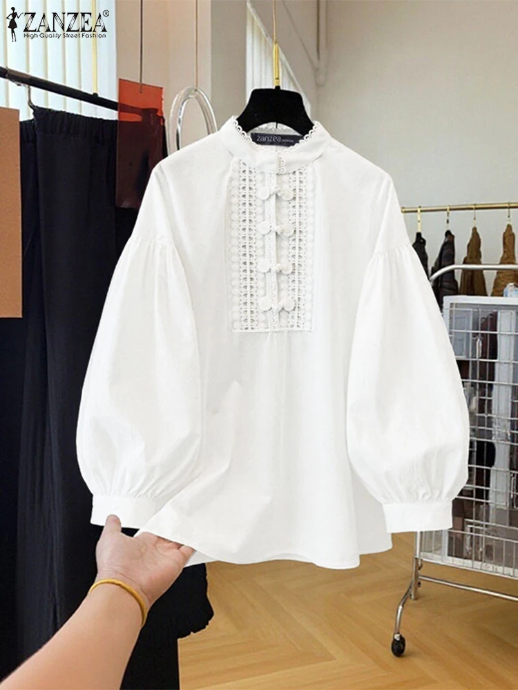 

ZANZEA Women Vintage Lace Patchwork Blouses Stand Collar Lantern Sleeve Frog Buttons Solid Color White Tops Autumn Woman Clothes