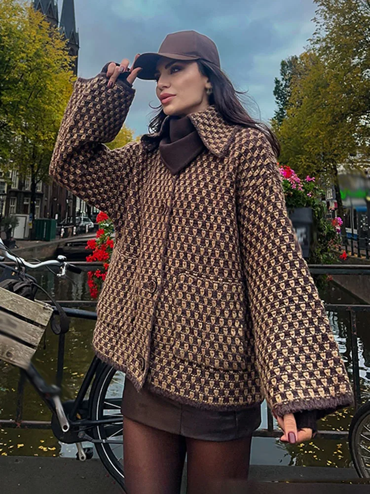 HH Donna Autunno Manica lunga Risvolto Monopetto Decorazione tascabile Cardigan casual Cappotto lavorato a maglia stile street allentato moda femminile