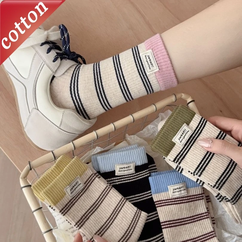 

Women's Socks Korean Stripe Harajuku Simple Versatile Sweet Kawaii Mid Tube Socks Comfortable High-quality Cotton Socks For Girl
