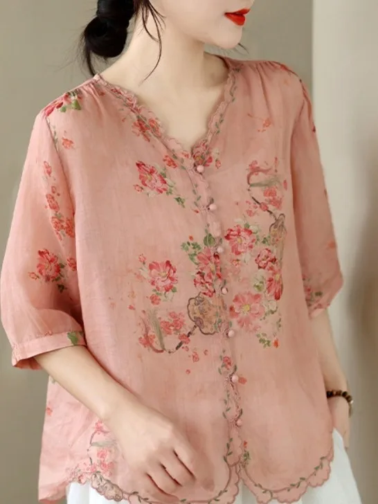 

Retro Patchwork Lace Trim Embroidered Shirt Women's Summer New Loose Versatile Thin Seven-Quarter Sleeve Elegance Top