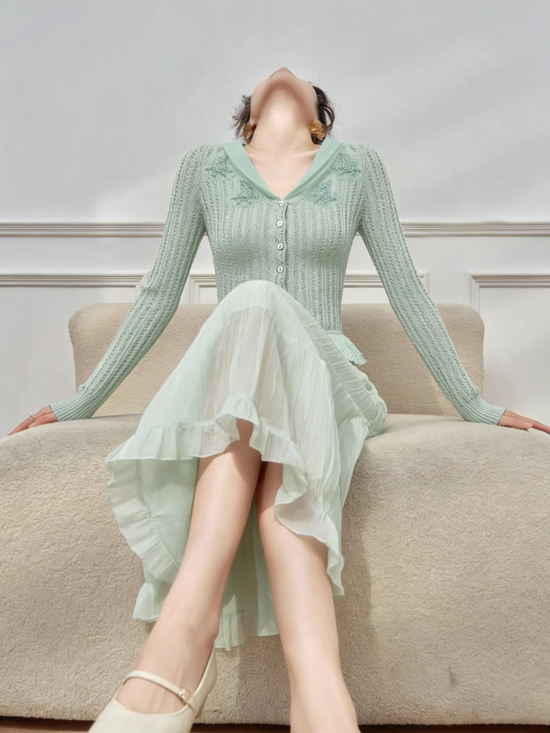 

Green Design Sense Knitted Sleeveless Cardigan Tulle Skirt Set Women's Fashion Spring 2026 Style High Waist Pure Color