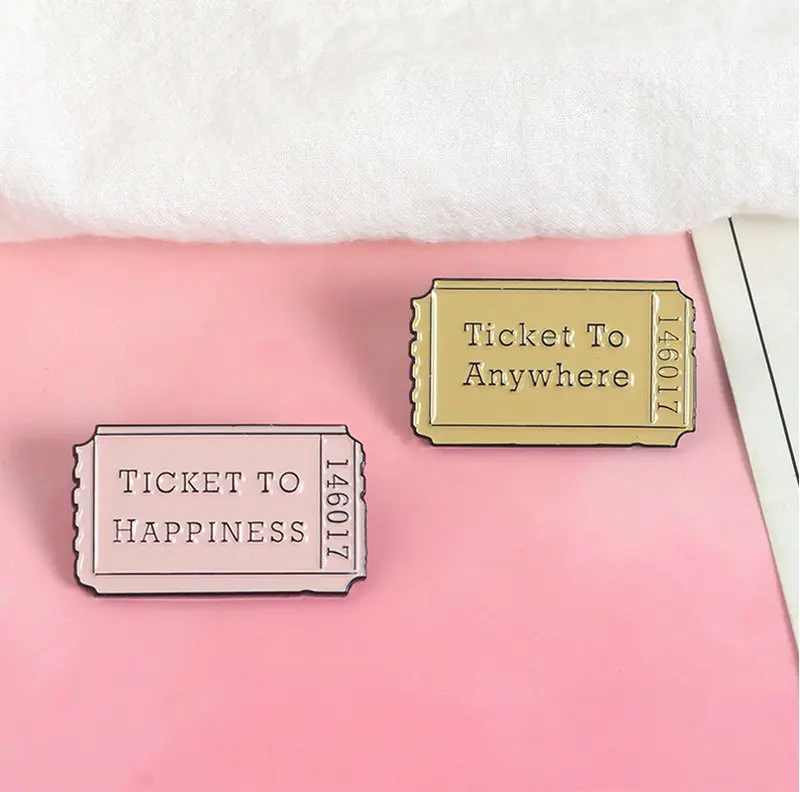 Tickets to Happiness Anywhere Enamel Pins Custom Vintage Ticket Brooches Bag Clothes Lapel Pin Badges Creative Jewelry Gift