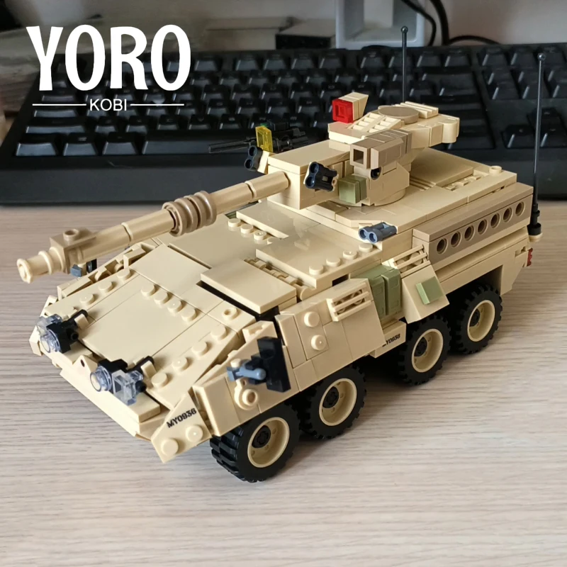 M1128 Mobile Gun Tank MOC Bricks Model WW2 Military P-51 Fighter Building Blocks Children Toys Christmas Gifts for Kid Boy Adult