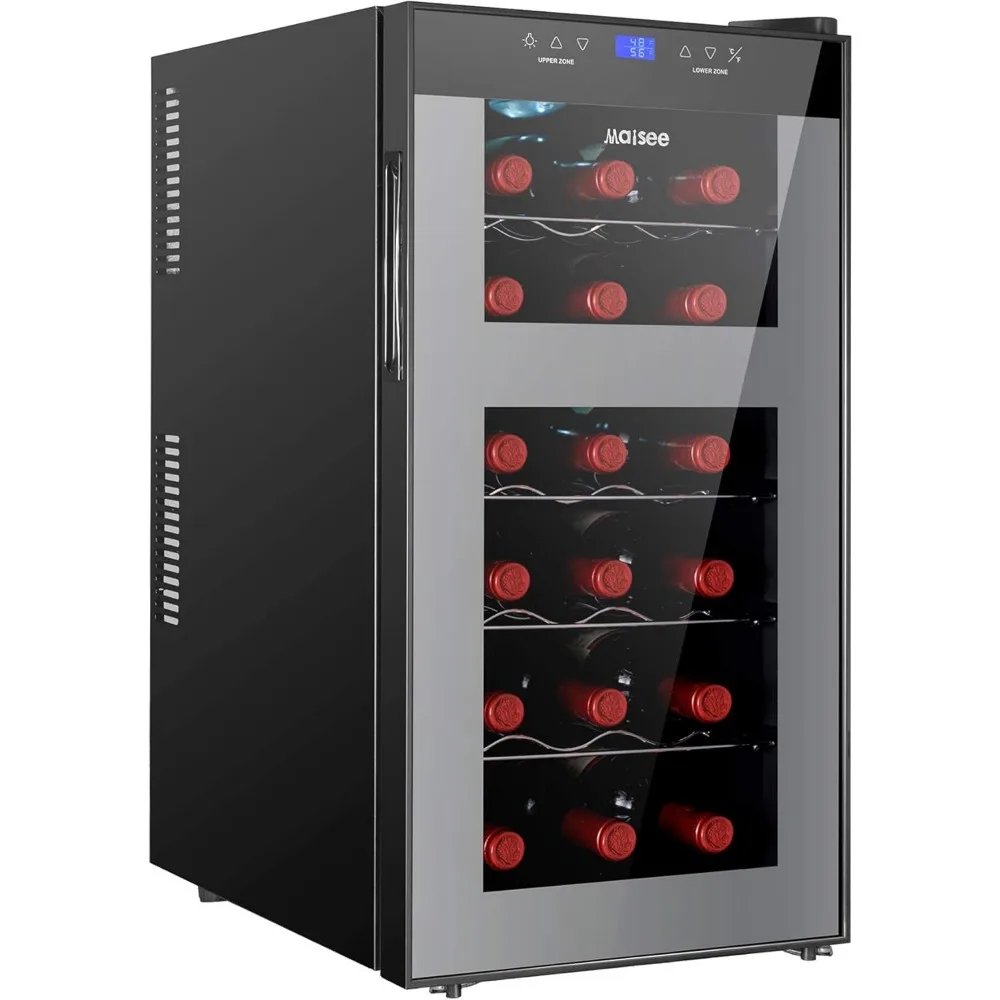 Dual Zone Wine Fridge, 18 garrafas, Wine Cooler, Geladeira, Chiller, Upper Zone, 46f-54f