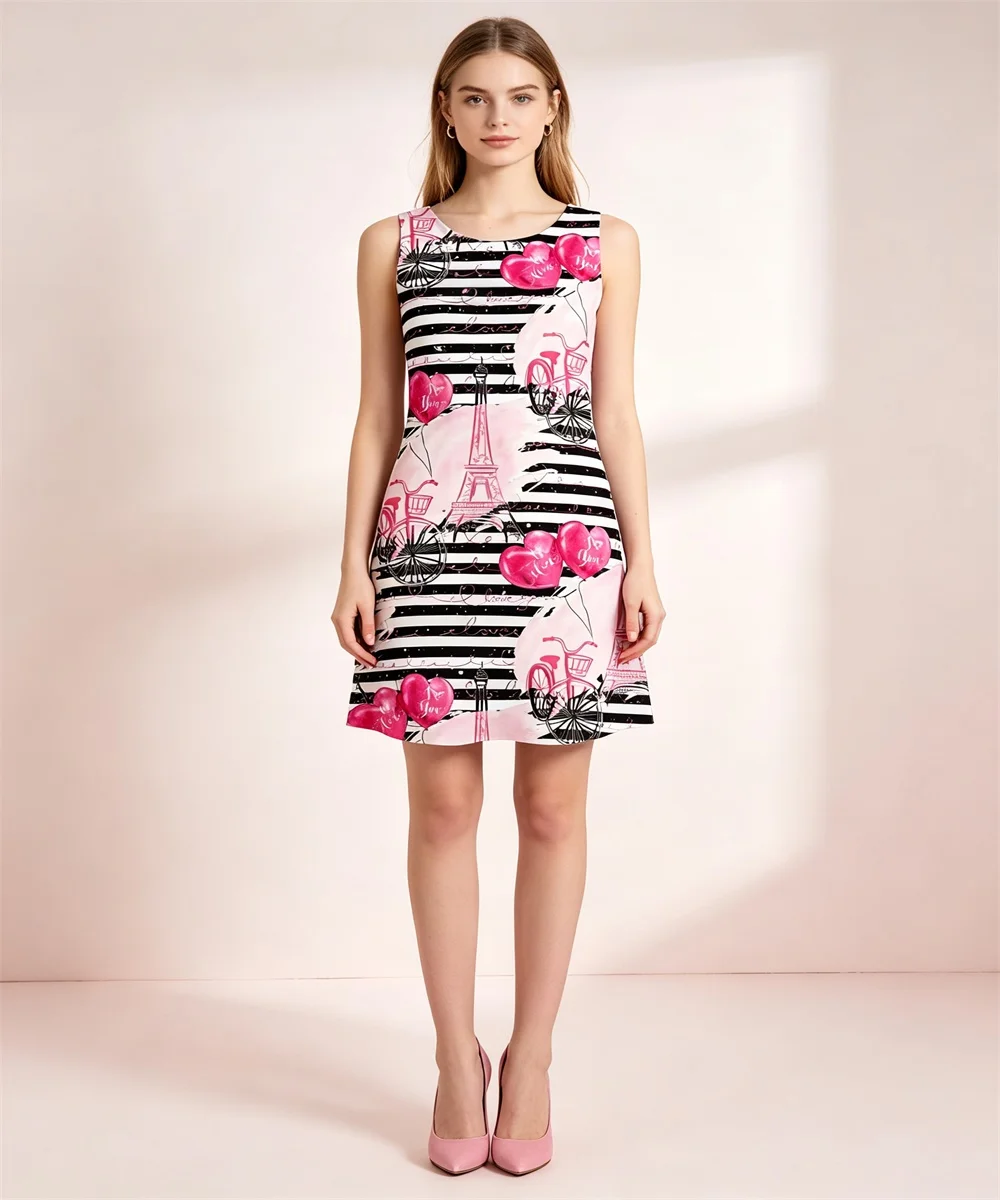 Ladies' summer new watercolor style pink Eiffel Tower printed vest skirt, elegant and casual sleeveless vest skirt