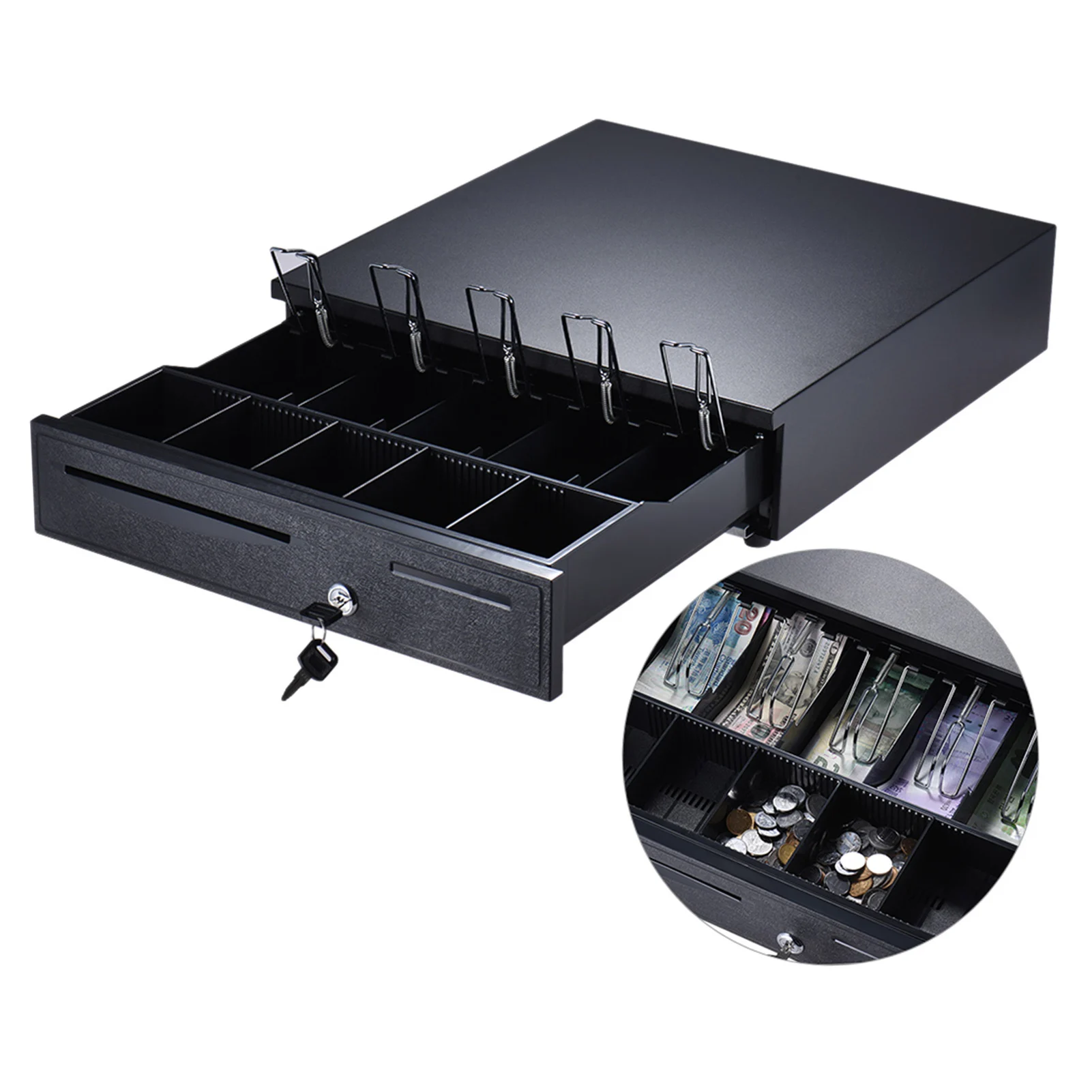 Heavy Duty Electronic Cash Drawer Box Case Storage 5 Bill 5 Coin Trays Check Entry Support Auto Manual Open Key-lock RJ11