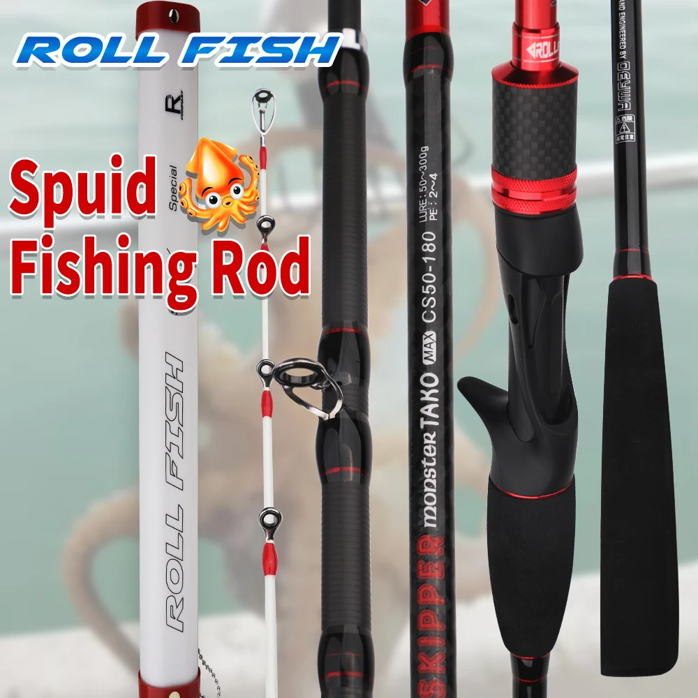 

ROLLFISH Carbon Fiber Solid Tip Octopus Cuttle Rod Rotating Guides Saltwater Boat Fishing Rod Action 9:1 Includes Storage Bag