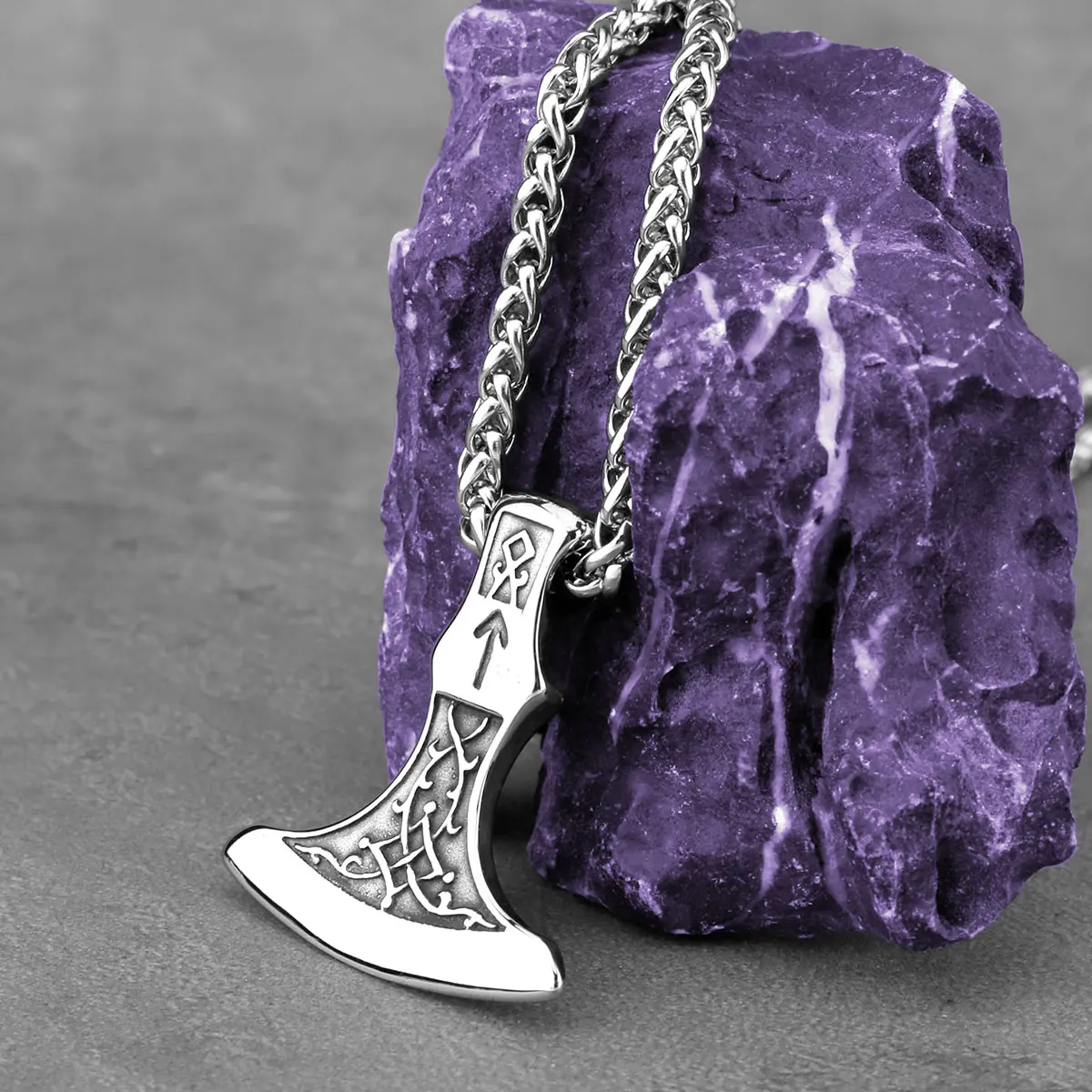 Stainless Steel Vikings Rune Axe Necklace Men\'s Nordic Fashion Thor\'s Hammer Pendant Necklace Punk Amulet Jewelry Wholesale Gift