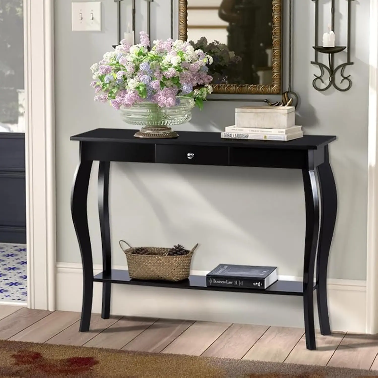 

Narrow Console Table with Drawer, Chic Accent Sofa Table for Entryway, Black