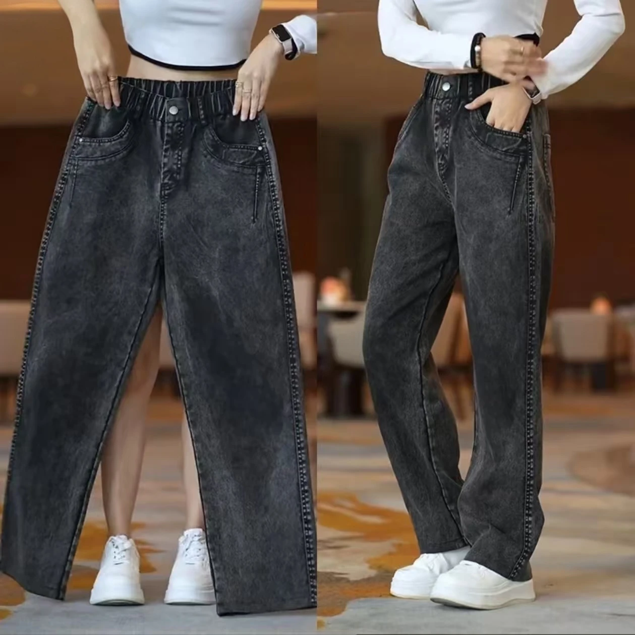 

Новые осенние мужские джинсы свободного кроя из лиоцелла с эффектом снежинки, повседневные длинные брюки, зауженные джинсы с широкими штанинами