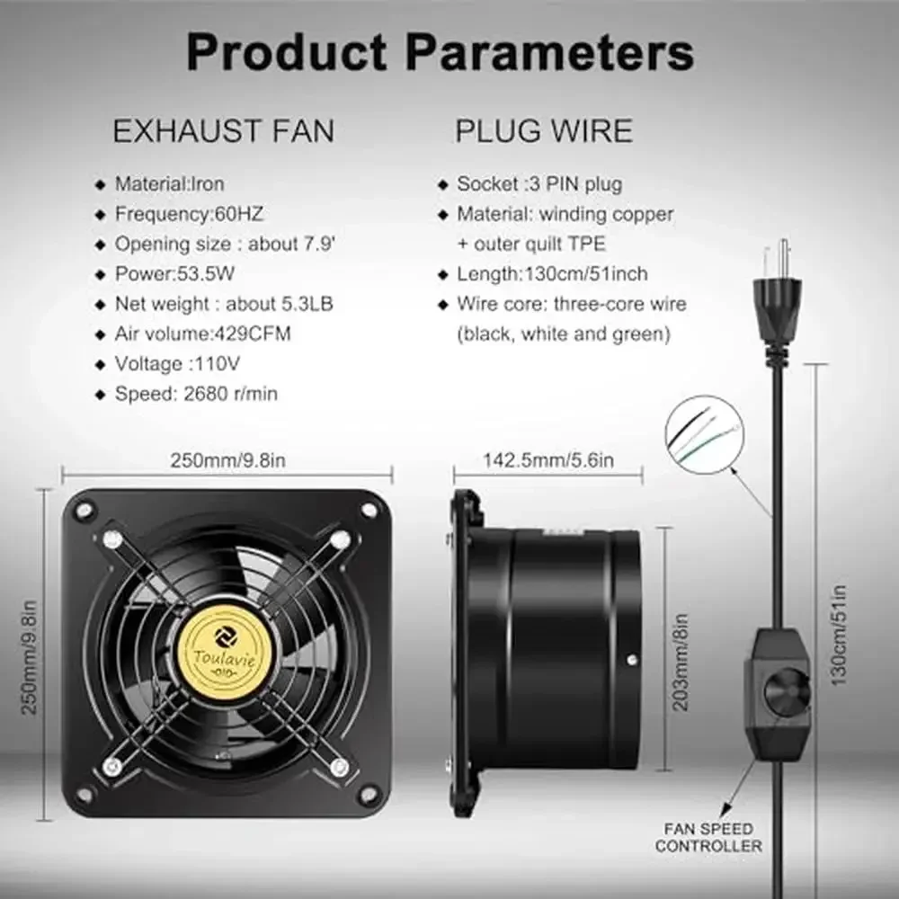 Variable Speed Wall Mounted 8 Inch Exhaust Fan 429CFM Quiet Ventilation Bathroom Vent Brushless Motor Control Kit Outdoor Rotor