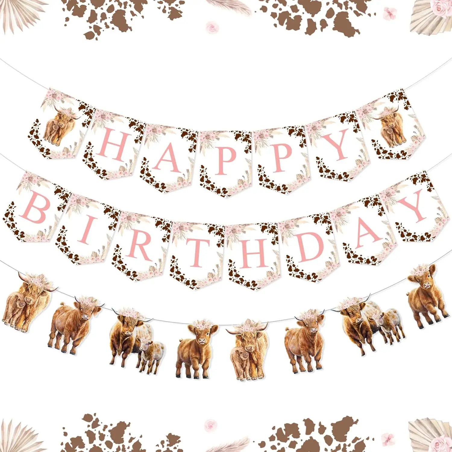 Banner feliz aniversário para aniversário, Boho Retro Floral Guirlanda, gado Santo Vaca, Farm Animal Decor, Birthday Party