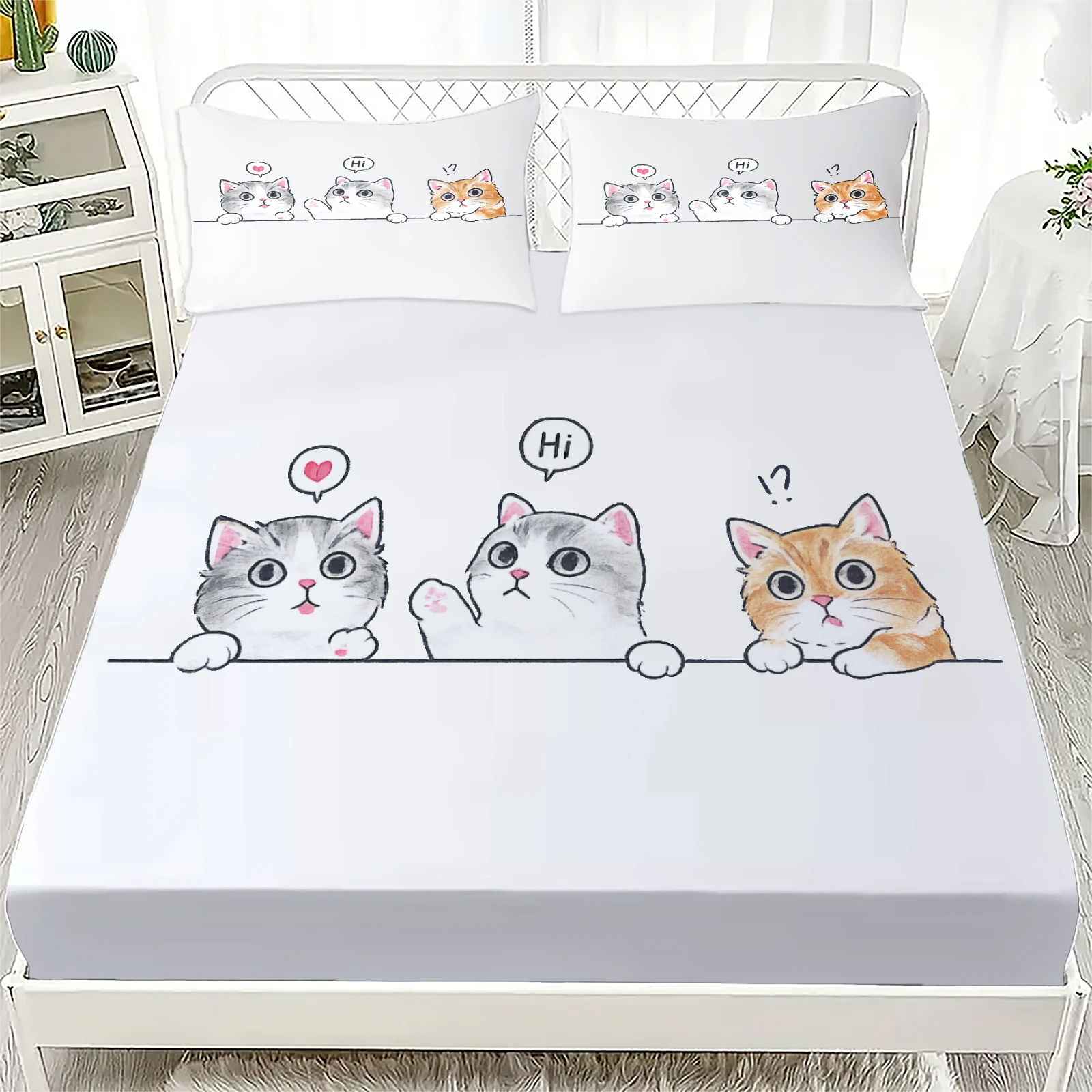 3pcs White Fitted Sheet Set Lovely Cartoon Cat Dog Print 100% Polyester Breathable Bedding Set for Home Decor with 2 Pillowcases