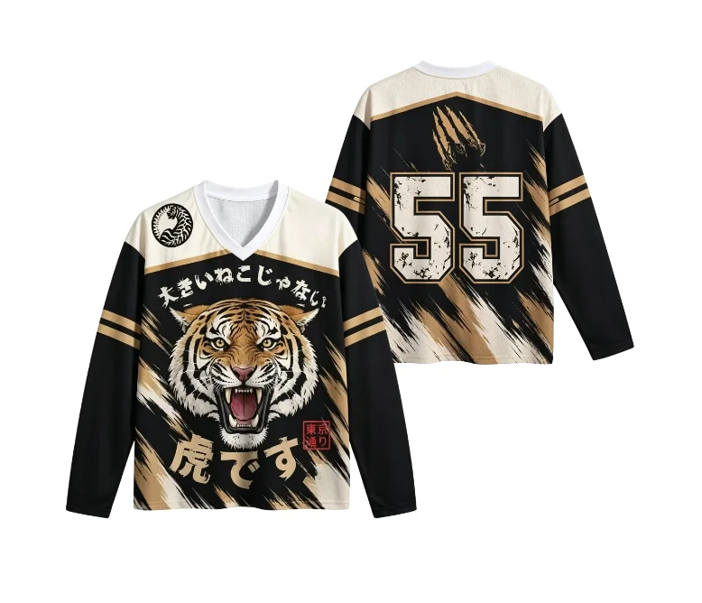 2026 new V-neck long sleeved T-shirt 3D printed tiger pattern outdoor street Japanese style casual long sleeved top