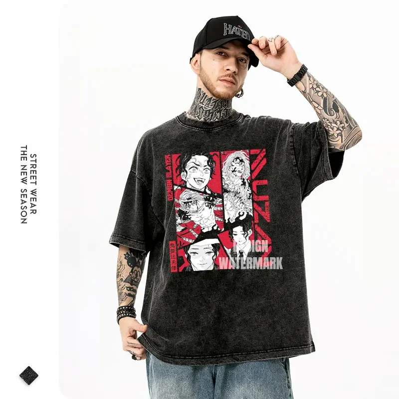 Anime T Shirts Vintage Washed Kibutsuji Muzan T-shirt Oversized Manga Tanjirou Nezuko Tops Tees