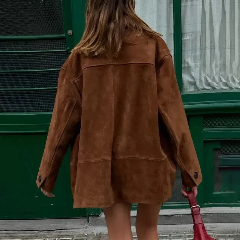 Fashion Single Breasted Faux Leather Coat Women Loose Long Sleeves Solid Lapel Jackets Autumn Female High Street Outwear