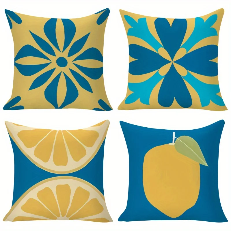 Set of 4 Decorative Throw Pillow Cases 40x40cm Summer Lemon Floral Print Cushion Covers Coastal Beach Decor