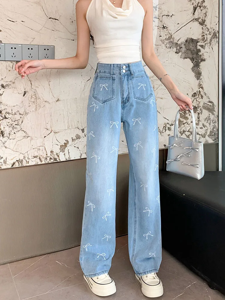 2024 Spring New Bow Print Pants Women Vintage Washed Blue Denim Trousers Y2k E-Girl High Waist Loose Wide Leg Pants