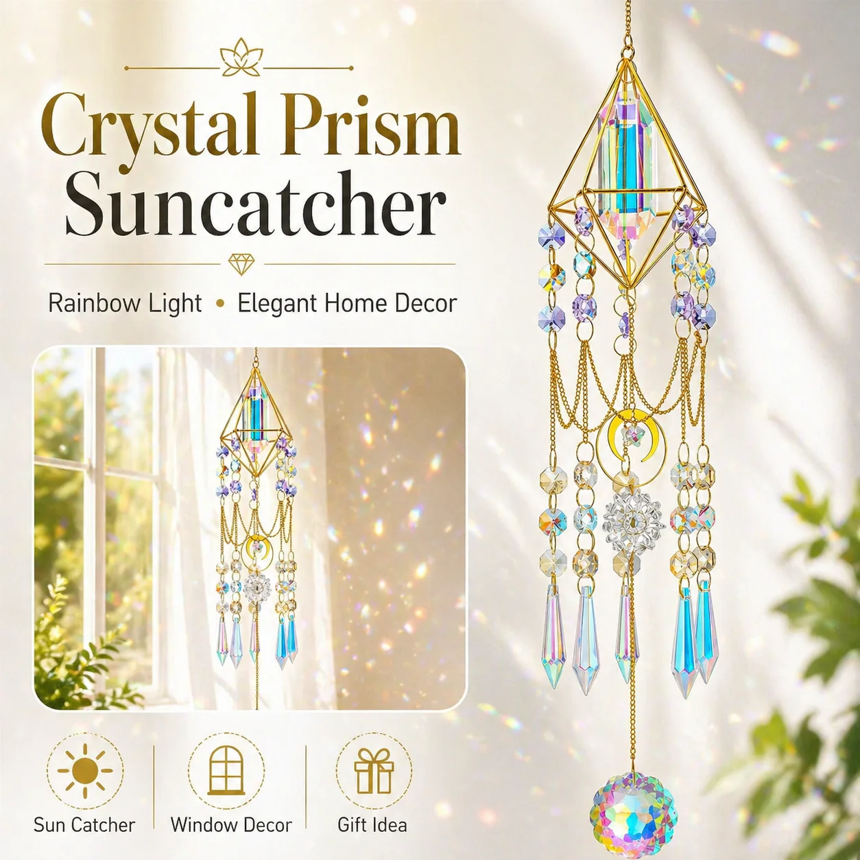 Crystal Prism Suncatcher Rainbow Hanging Ornament, Gold Geometric Window Decor with Faceted Crystal Ball for Home Garden Gift