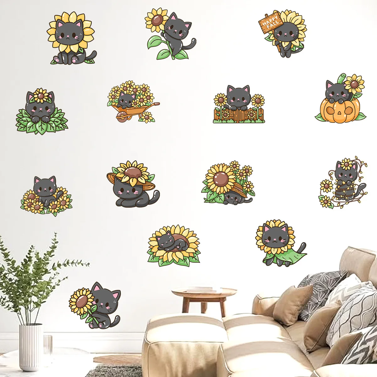 Cartoon Cute Sunflower Black Cat Self-Adhesive Wall Stickers Kawaii Cats Decals for Kids Room Nursery Home Wall Decoration view 5