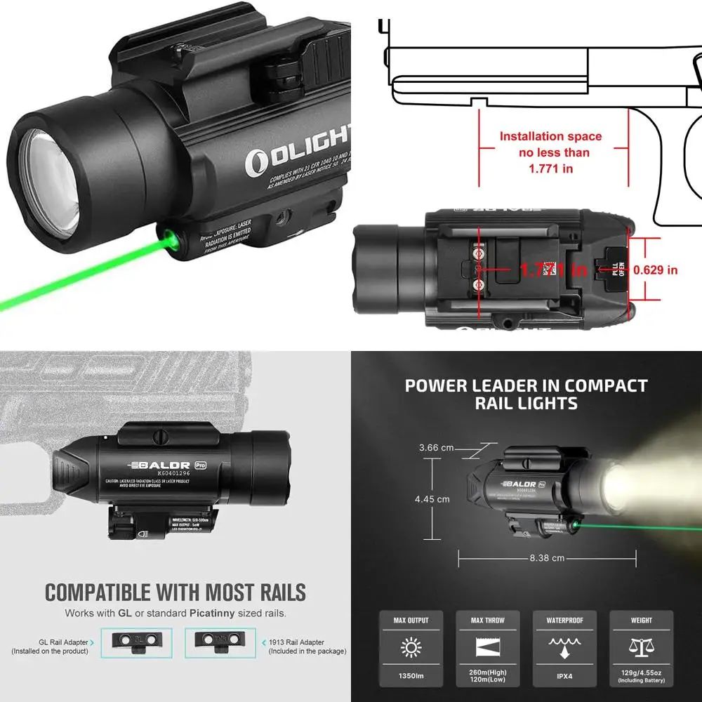 

Тактический фонарь OLIGHT Baldr Pro 1350 люмен с зеленым светом и белым светодиодом, расстояние луча 260 метров, совместимый с 1913