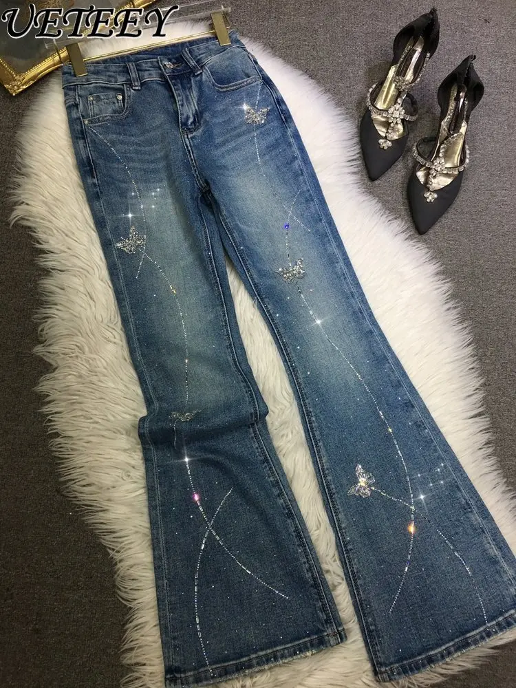 

2026 Spring New Heavy Rhinestone Jeans for Women Blue Slimming Bow Beaded High Waist Slim Fit Flared Denim Long Pants