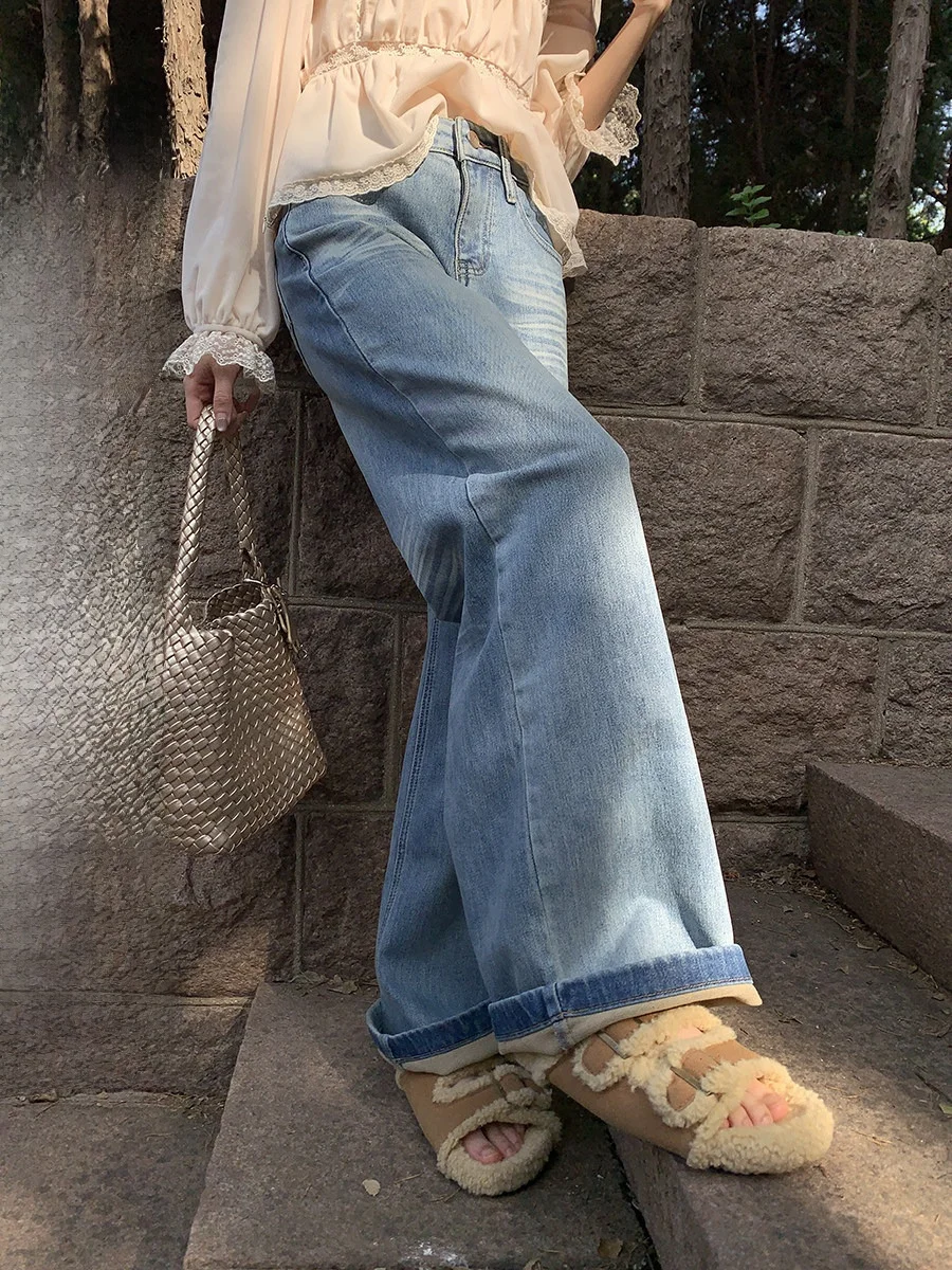 

Sinbounboun, прямые синие джинсы с высокой талией, женские повседневные универсальные джинсы с покрытием из Гонконга, удобные дышащие джинсы