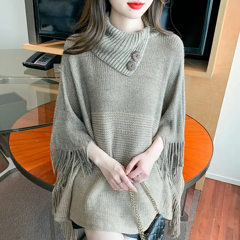 

Fashion Tassel Knitted Capes Casual Loose Spliced Women's Clothing Half High Collar Button Commute Autumn Winter Korean Ponchos