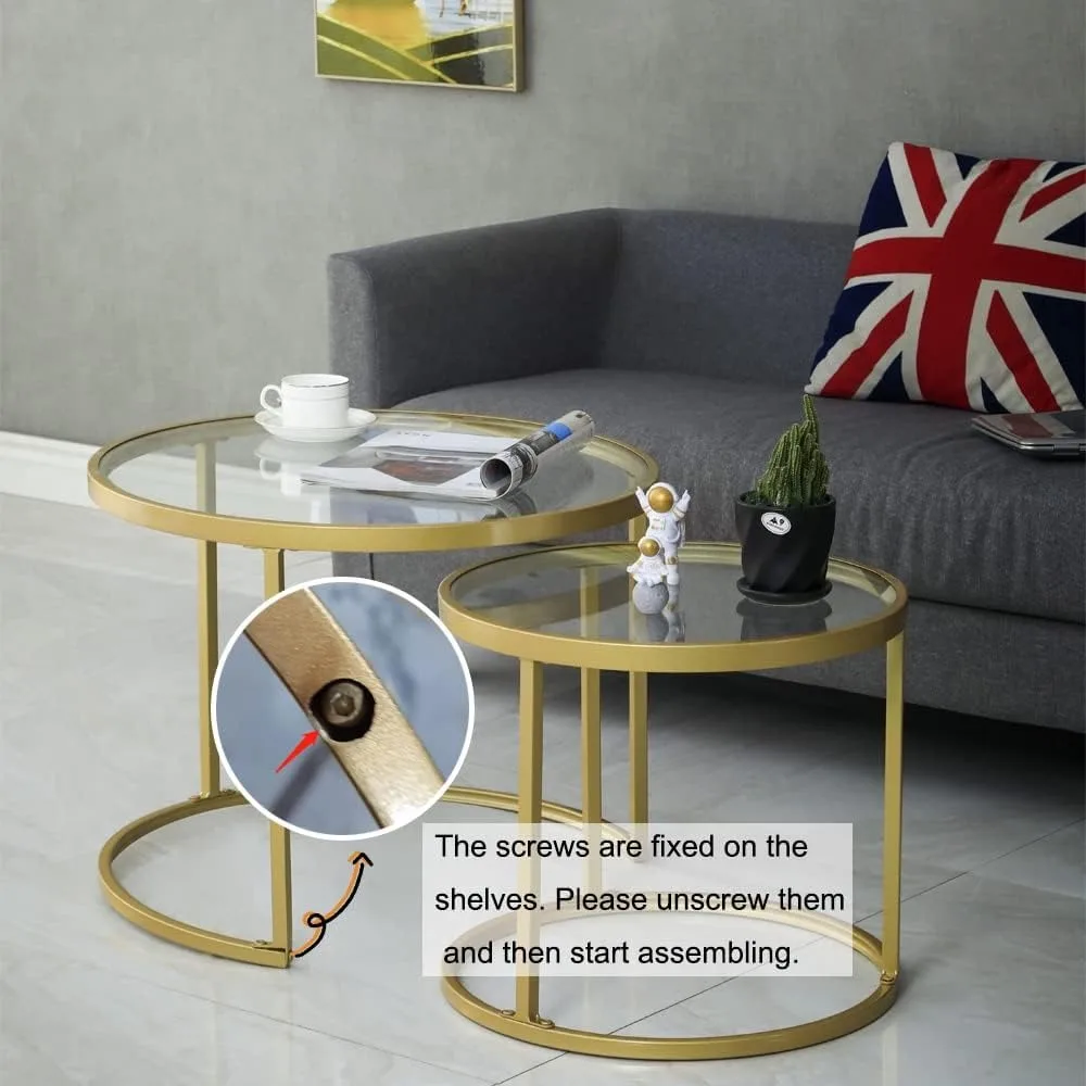 Gold Nesting Coffee Table Set of 2, Small Glass Nesting Tables for Living Room Bedroom, Accent Tea Table with Metal Frame