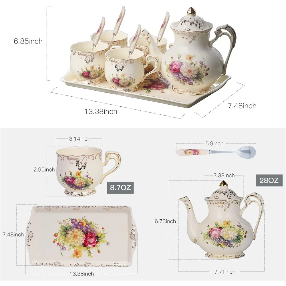 Imagem -06 - Conjunto de Chá de Porcelana Rosa Vintage Copos de Chá com Bule Bandeja e Colher de Chá Serviço para 4