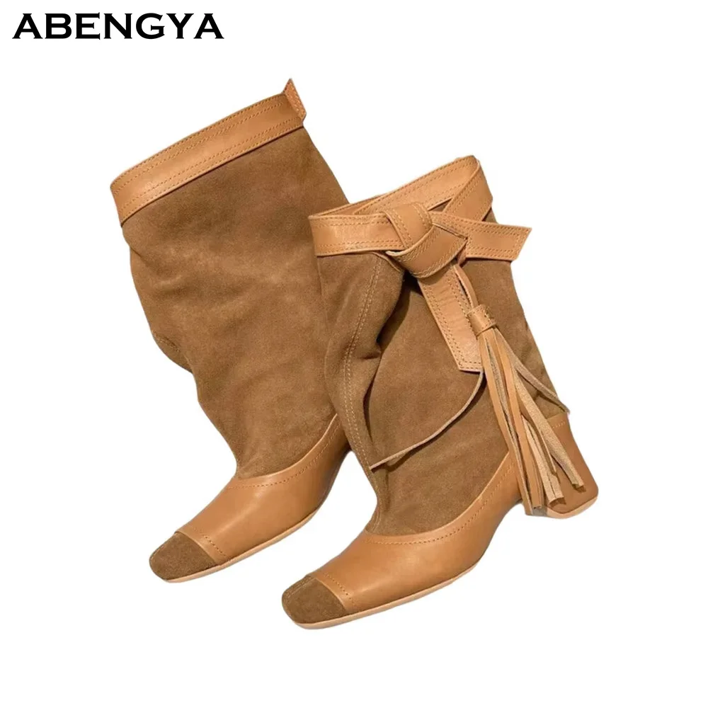Winter New Leather Middle Calf Boots Women Square Toe Suede Elastic Band High Heel Ankle Boots Casual Party Chelsea Boots Women
