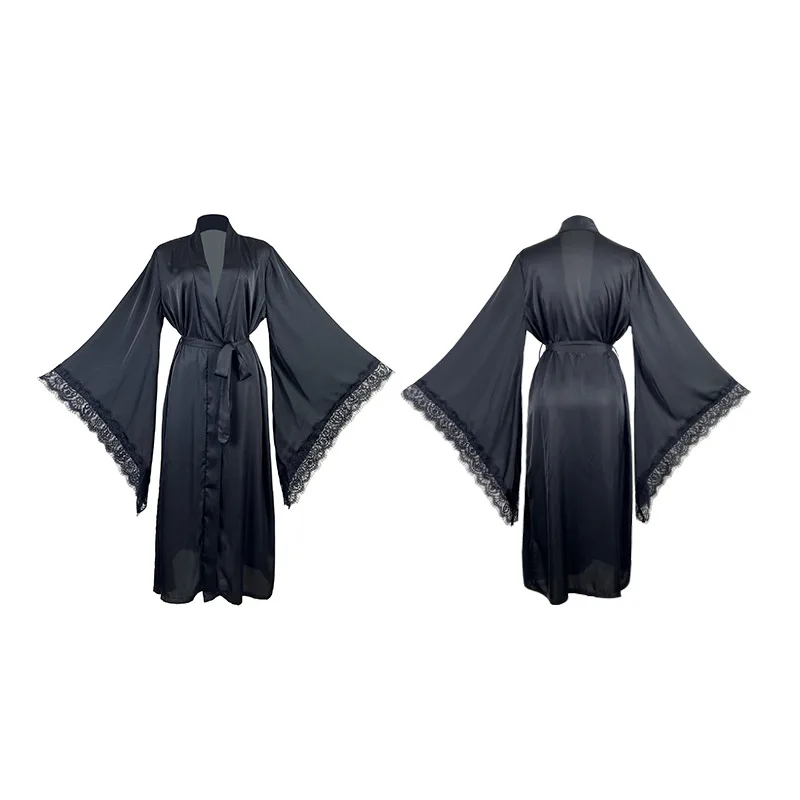 

Cross-border Lace Horn Sleeve Luxury Satin Nightgown Women's Long V-neck Lace-up Split-ended Home Bathrobe Cw91340