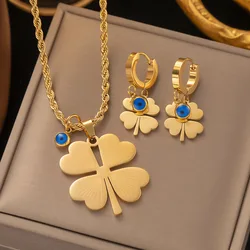 New Blue Eyes Engraved Floral Quatrefoil Flower Pendant Stainless Steel Necklace Earrings for women Jewelry Set