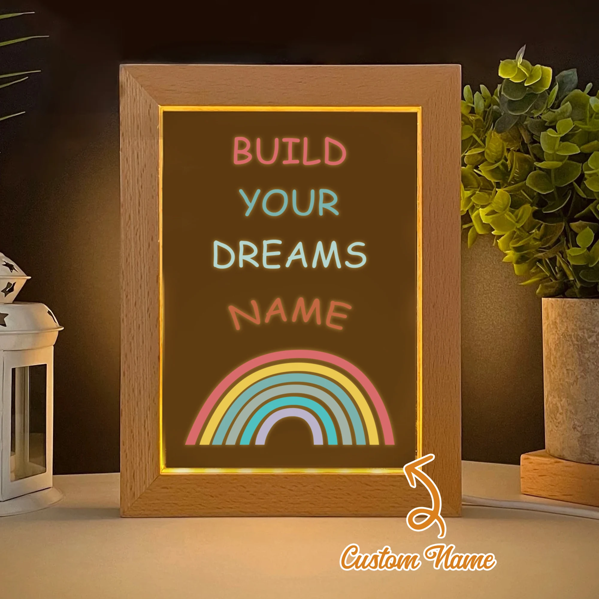2d plana nome personalizado arco-íris led acrílico luz noturna moldura de madeira 21x17cm dos desenhos animados presentes do quarto das crianças decoração de casa
