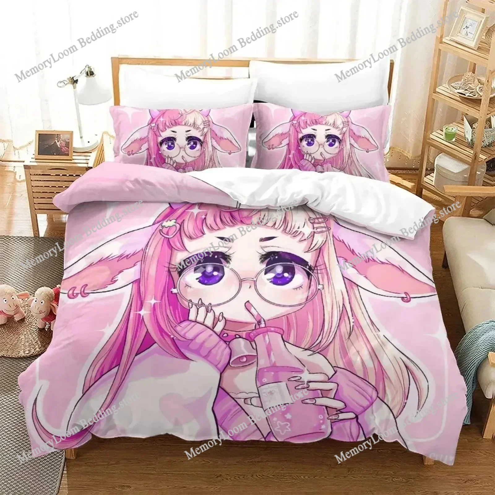 

Anime Aesthetic Girl Art Strawberry Bedding Set Pillowcase Comforter King Queen Size Boys Adult Duvet Cover Bed Set