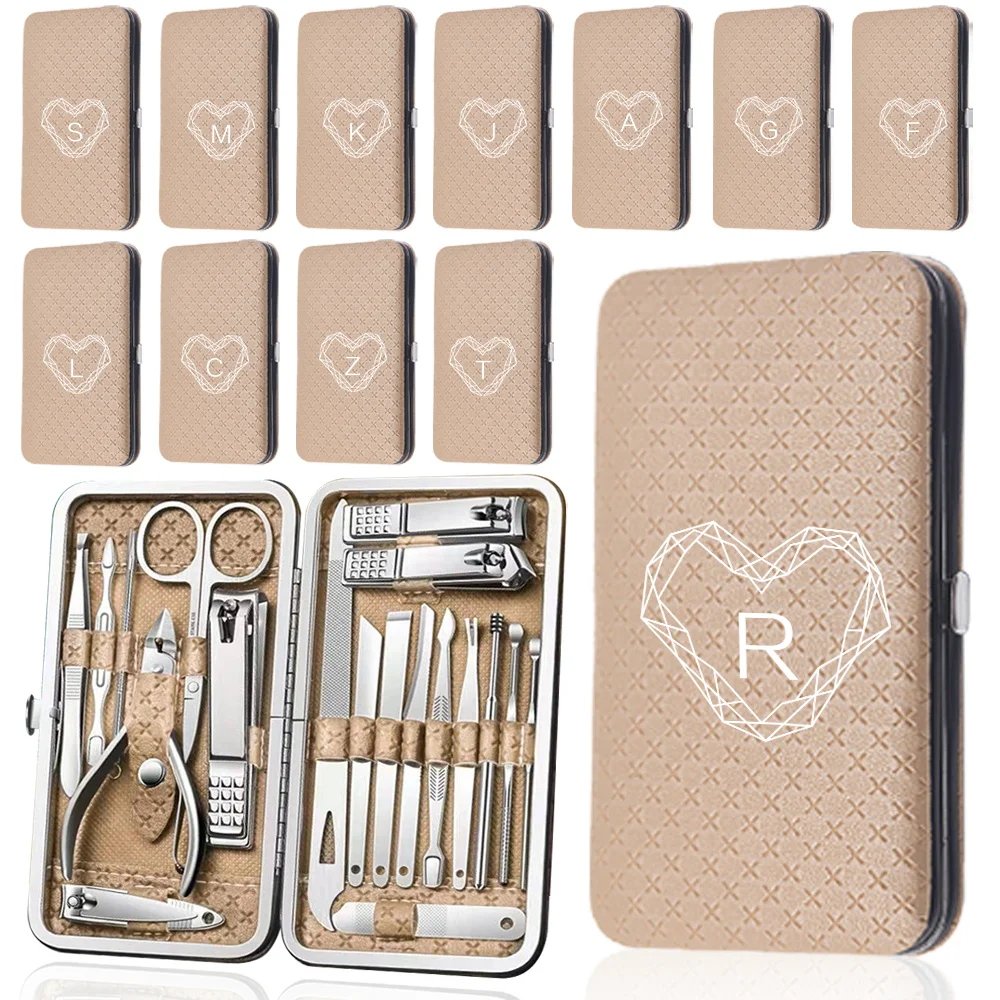 

19Pcs Portable Leather Manicure Set PU Case Stainless Steel Nail Clipper Kit Organizer Pedicure Care Tool Diamond Letter Pattern