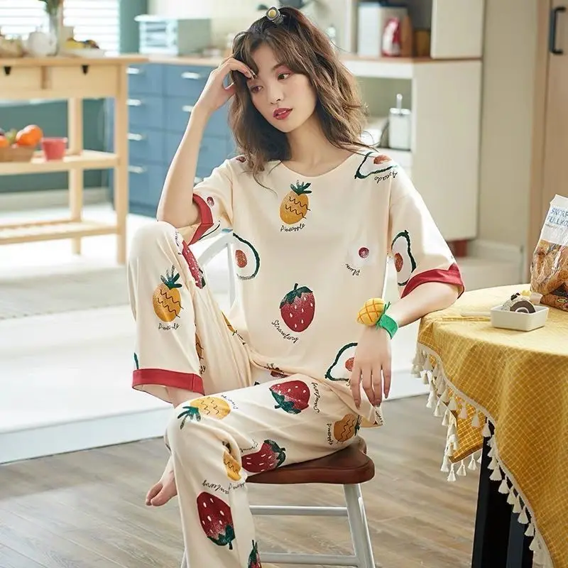 Women\'s Cotton Pajamas 2023 Spring Summer New Cute Cartoon Short-sleeved Trousers Sleepwear Two-piece Female Pijama Home Suit