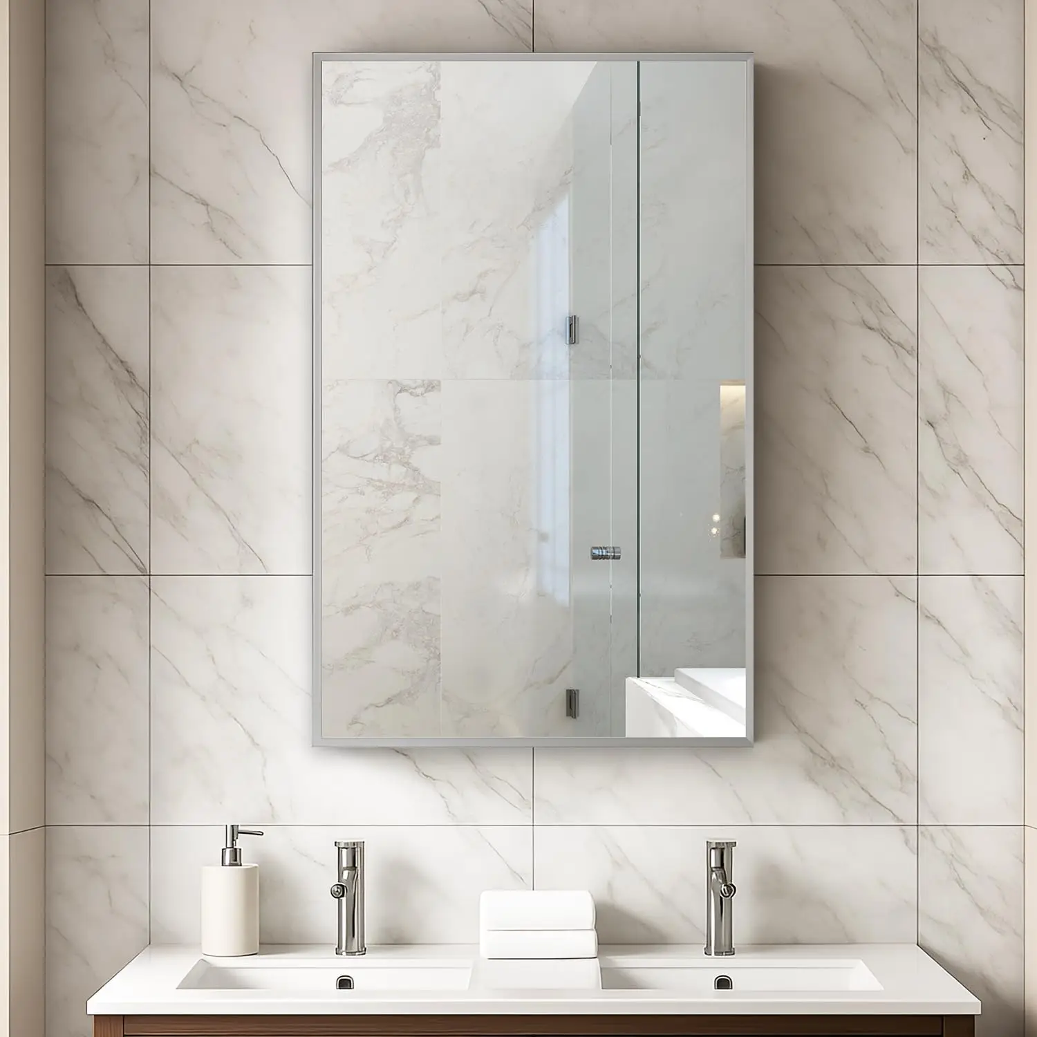 15 Inch Aluminum Bathroom Medicine Cabinet Mirror Storage 15x26 Recessed Wall Mount 8mm Glass Shelves, Customized